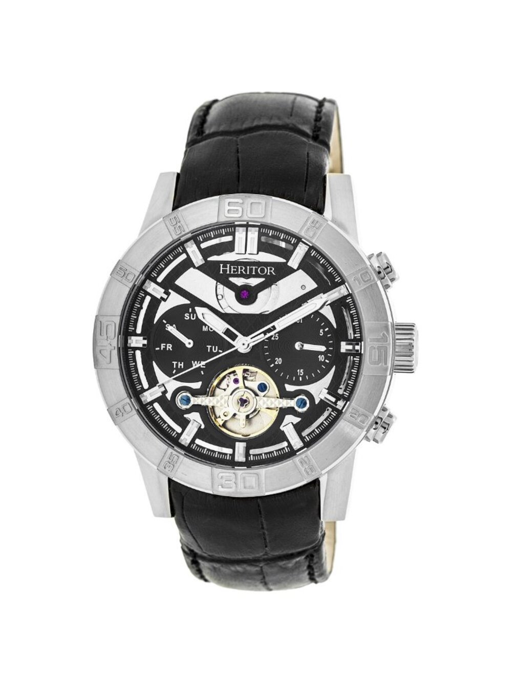 NWT Heritor Hannibal Black Open Heart Dial Black Leather Men's Watch